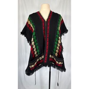 ITA Argentina Handmade Wool Poncho Black Red Green Geometric Fringe Pockets